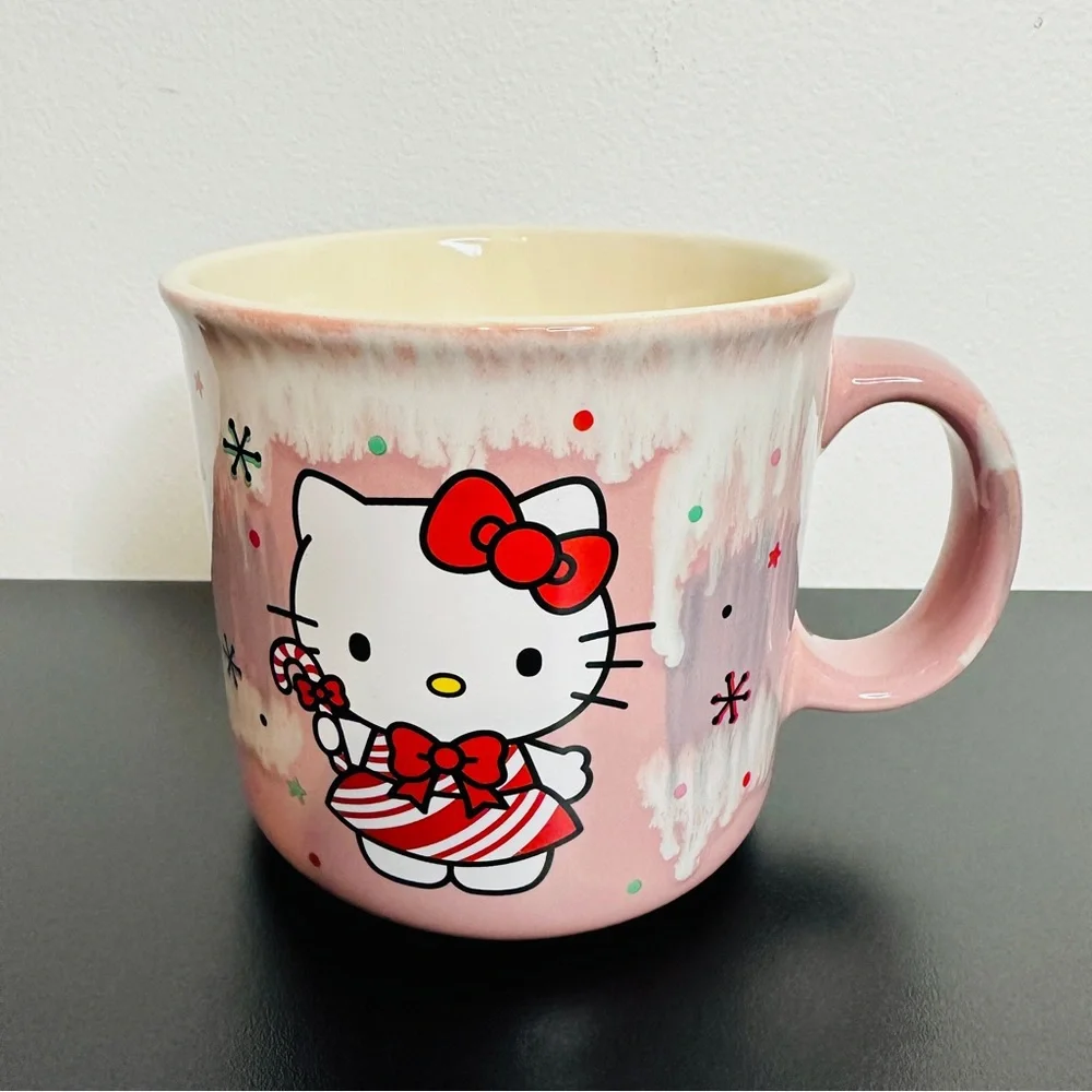 HELLO KITTY Pink White Drip Reactive Glaze Christmas Ceramic 20 oz. Mug NEW! - Picture 2 of 6